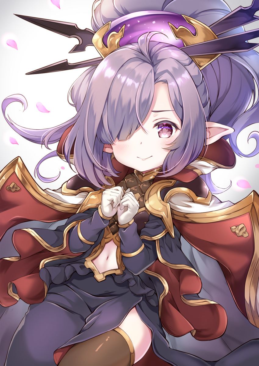 cape commentary_request dress granblue_fantasy hair_ornament hair_over_one_eye harvin highres long_hair looking_at_viewer navel nio_(granblue_fantasy) petals pilokey purple_hair simple_background smile thigh-highs violet_eyes white_background