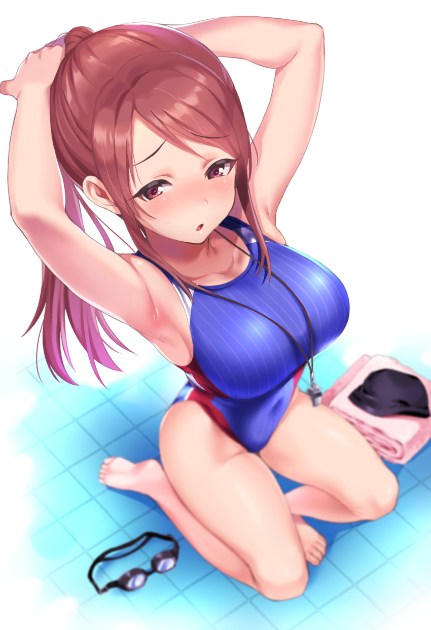 1girl armpits arms_up barefoot blue_swimsuit blurry blush breasts brown_hair competition_swimsuit covered_navel depth_of_field eyebrows_visible_through_hair foreshortening from_above highres idolmaster idolmaster_cinderella_girls kneeling large_breasts long_hair mifune_miyu natsu_(nattiyann) one-piece_swimsuit parted_lips ponytail sidelocks solo sweatdrop swimsuit tile_floor tiles tying_hair violet_eyes whistle whistle_around_neck