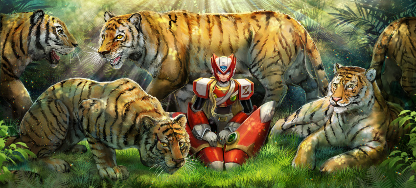 1boy android animal blonde_hair capcom commentary_request grass green_eyes helmet highres jungle kiwakiwa light_rays long_hair male_focus nature outdoors rockman rockman_x sitting sitting_on_ground smile sunlight tiger zero_(rockman)