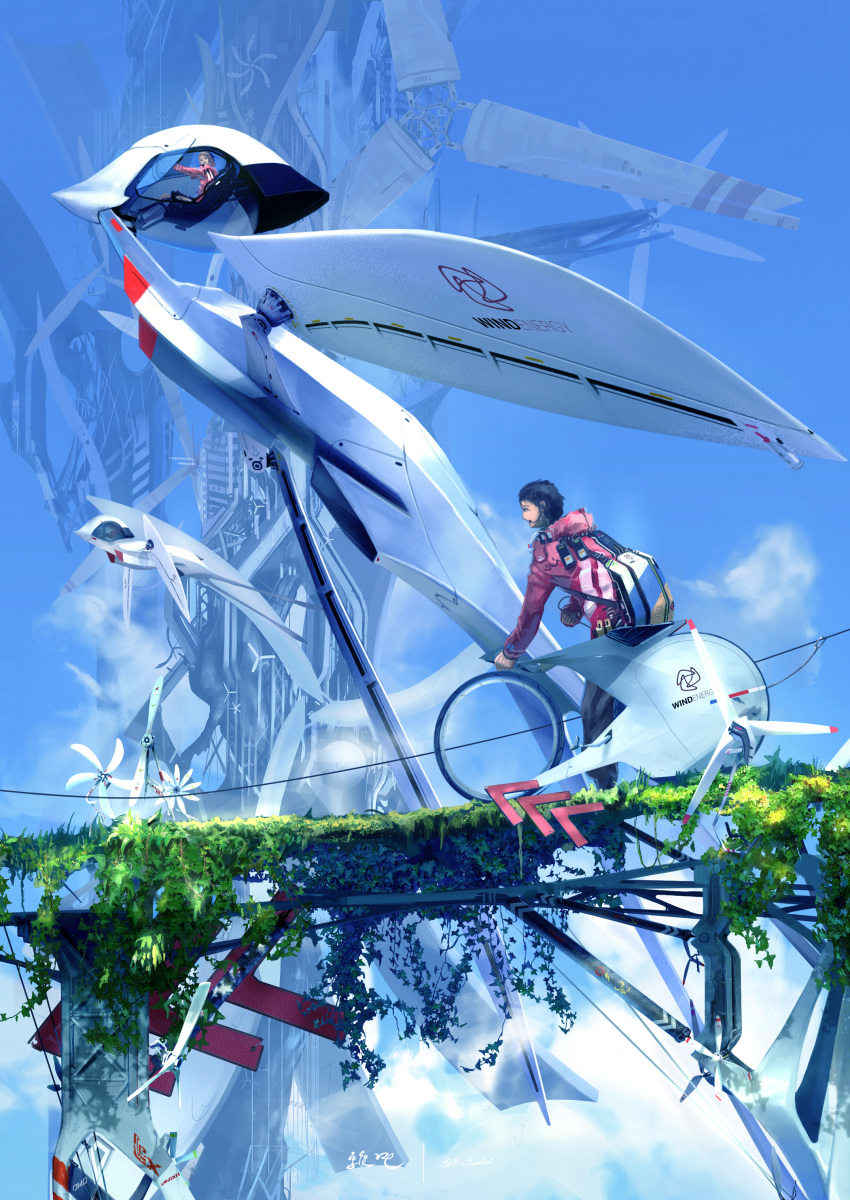 1boy 1girl absurdres aircraft airplane backpack bag bicycle black_hair bridge brown_hair ground_vehicle highres jacket leaf looking_at_another open_mouth open_window original plant propeller scenery science_fiction sign signature sky spirit_chiasma structure windmill window
