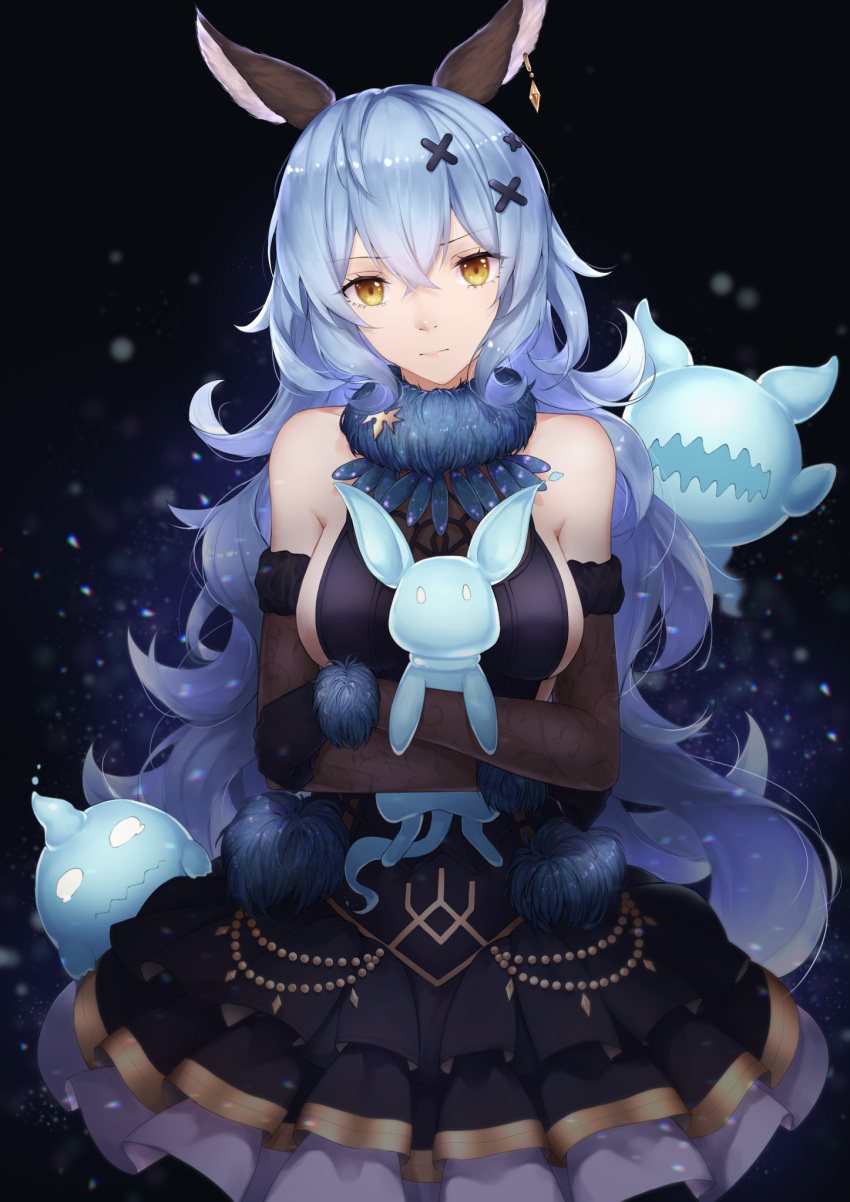 1girl animal_ears bare_shoulders blue_dress blue_hair breasts curly_hair dress elbow_gloves erune expressionless ferry_(granblue_fantasy) frilled_dress frills fur-trimmed_collar ghost gloves granblue_fantasy hair_between_eyes hair_ornament highres hug jewelry long_hair medium_breasts pleated_dress rabbit_ears scal2let single_earring smile solo very_long_hair x_hair_ornament yellow_eyes