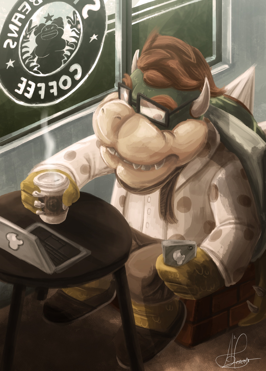 absurdres black_scarf bowser cellphone commentary computer cup english_commentary glasses highres holding holding_cellphone holding_cup holding_phone hugo-h2p indoors laptop super_mario_bros. nintendo no_humans phone scarf sharp_teeth signature solo starbucks steam teeth