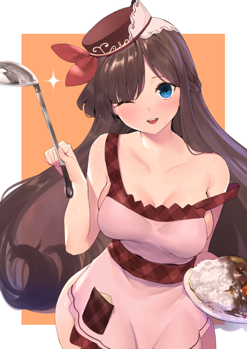 1girl ;d apron bangs bare_arms bare_shoulders blue_eyes blush breasts brown_background brown_hair brown_hat commentary_request curry curry_rice eyebrows_visible_through_hair food furukawa_itsuse hat head_tilt highres long_hair medium_breasts mini_hat naked_apron one_eye_closed open_mouth original parted_bangs pink_apron plate red_ribbon ribbon rice round_teeth smile solo sparkle teeth two-tone_background upper_teeth very_long_hair white_background
