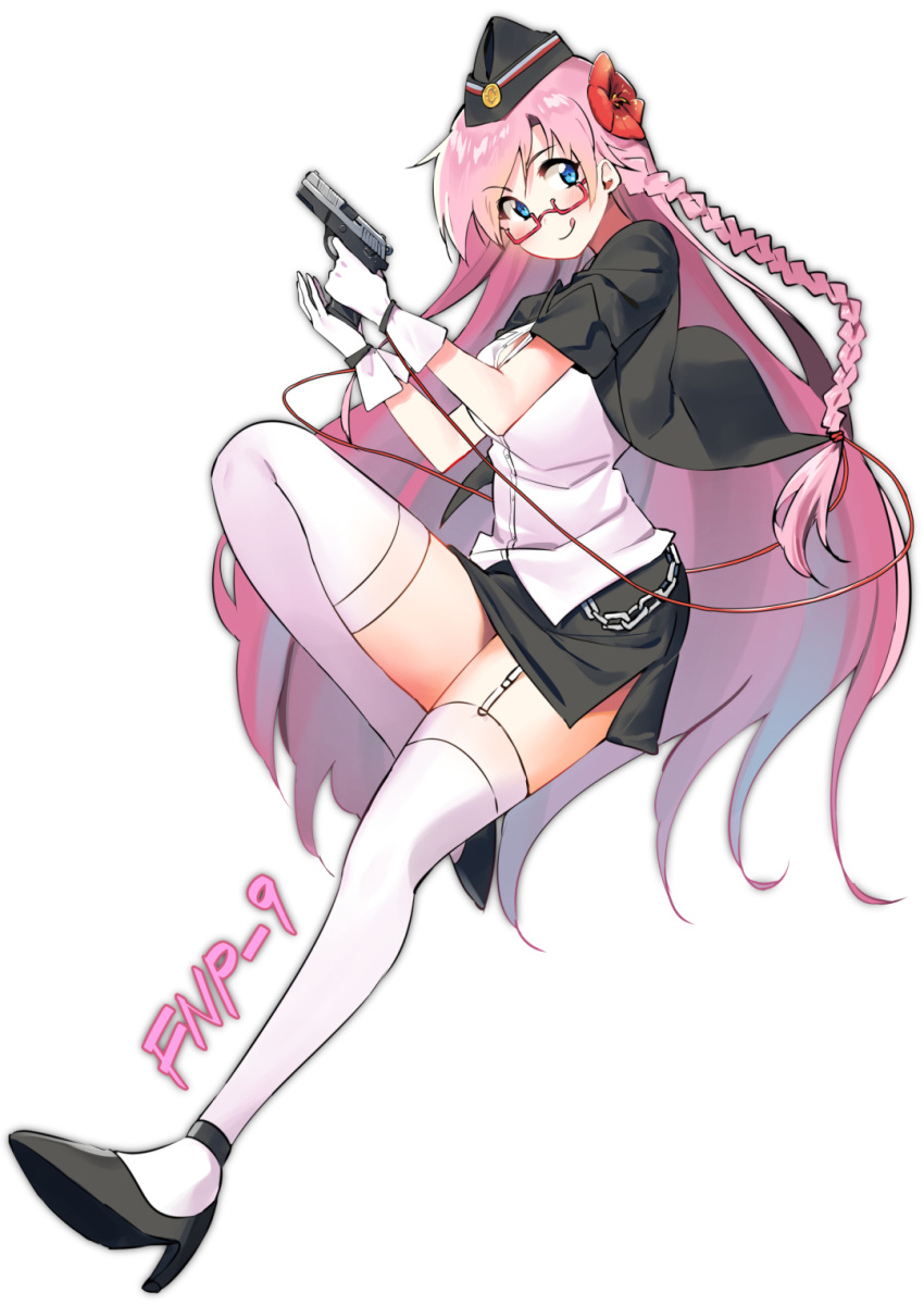 1girl bangs black_footwear blue_eyes blush braid breasts character_name electriccross eyebrows_visible_through_hair flower fnp-9 fnp-9_(girls_frontline) full_body garter_straps girls_frontline glasses gloves gun hair_flower hair_ornament hands_up hat high_heels highres holding holding_gun holding_weapon long_hair military_hat partially_unbuttoned pink_hair semi-rimless_eyewear simple_background skirt smile solo thigh-highs tongue tongue_out very_long_hair weapon white_background white_legwear