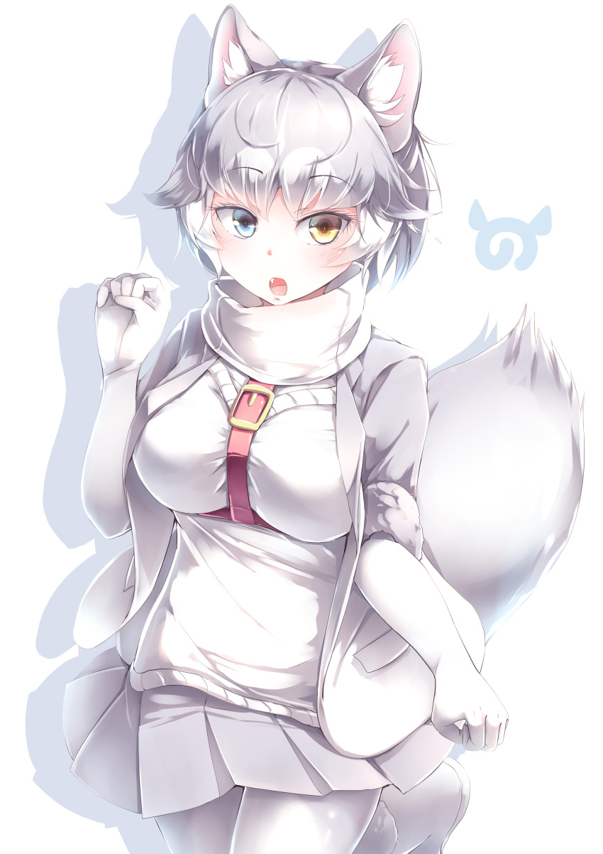 1girl absurdres animal_ear_fluff animal_ears blue_eyes breasts commentary dog_(mixed_breed)_(kemono_friends) dog_ears dog_tail elbow_gloves eyebrows_visible_through_hair fang gloves grey_jacket grey_legwear grey_skirt hand_up highres jacket japari_symbol kanzakietc kemono_friends large_breasts looking_at_viewer multicolored_hair open_mouth pantyhose paw_pose pleated_skirt short_hair simple_background skirt solo tail two-tone_hair white_background white_gloves white_hair yellow_eyes