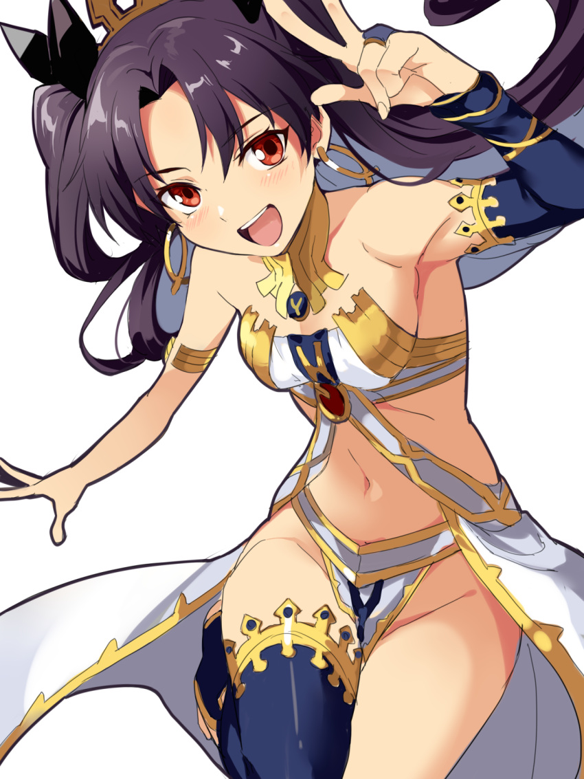 1girl bangs bare_shoulders black_bow black_hair black_sleeves bow breasts cleavage collar detached_collar detached_sleeves earrings eyebrows_visible_through_hair fate/grand_order fate_(series) hair_bow hakka_(88hk88) highres hoop_earrings ishtar_(fate/grand_order) jewelry long_hair long_sleeves navel open_mouth red_eyes simple_background single_detached_sleeve single_thighhigh small_breasts smile solo thigh-highs tiara two_side_up very_long_hair white_background