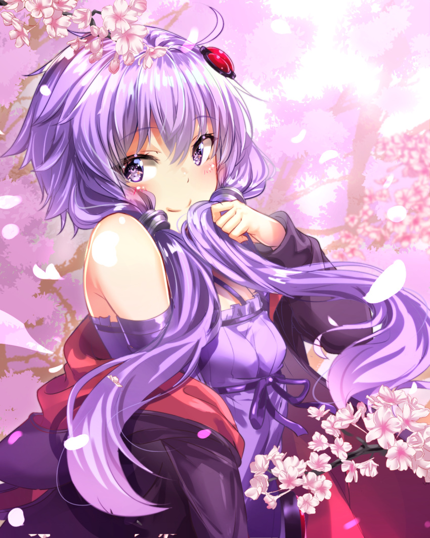 1girl bangs bare_shoulders black_jacket blush breasts bug_(artist) cherry_blossoms closed_mouth commentary_request dress eyebrows_visible_through_hair hair_ornament hair_tubes highres jacket long_hair long_sleeves looking_at_viewer low_twintails open_clothes open_jacket petals purple_dress purple_hair purple_ribbon ribbon small_breasts smile solo spring_(season) tree twintails upper_body violet_eyes voiceroid yuzuki_yukari