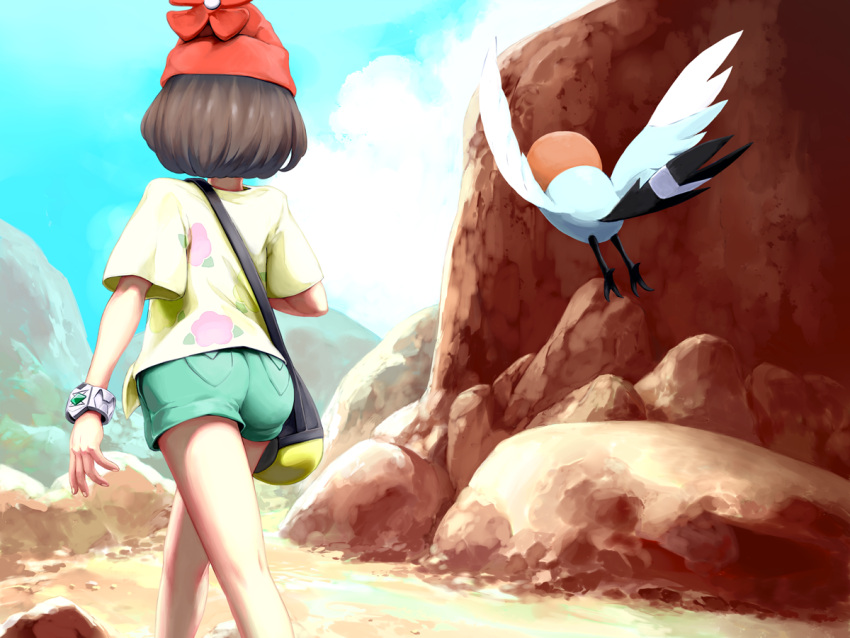 1girl ass back beanie black_hair creatures_(company) fletchling from_behind game_freak gen_6_pokemon green_shorts hat mizuki_(pokemon) mk_(mikka) nintendo pokemon pokemon_(game) pokemon_sm shirt short_hair short_shorts short_sleeves shorts