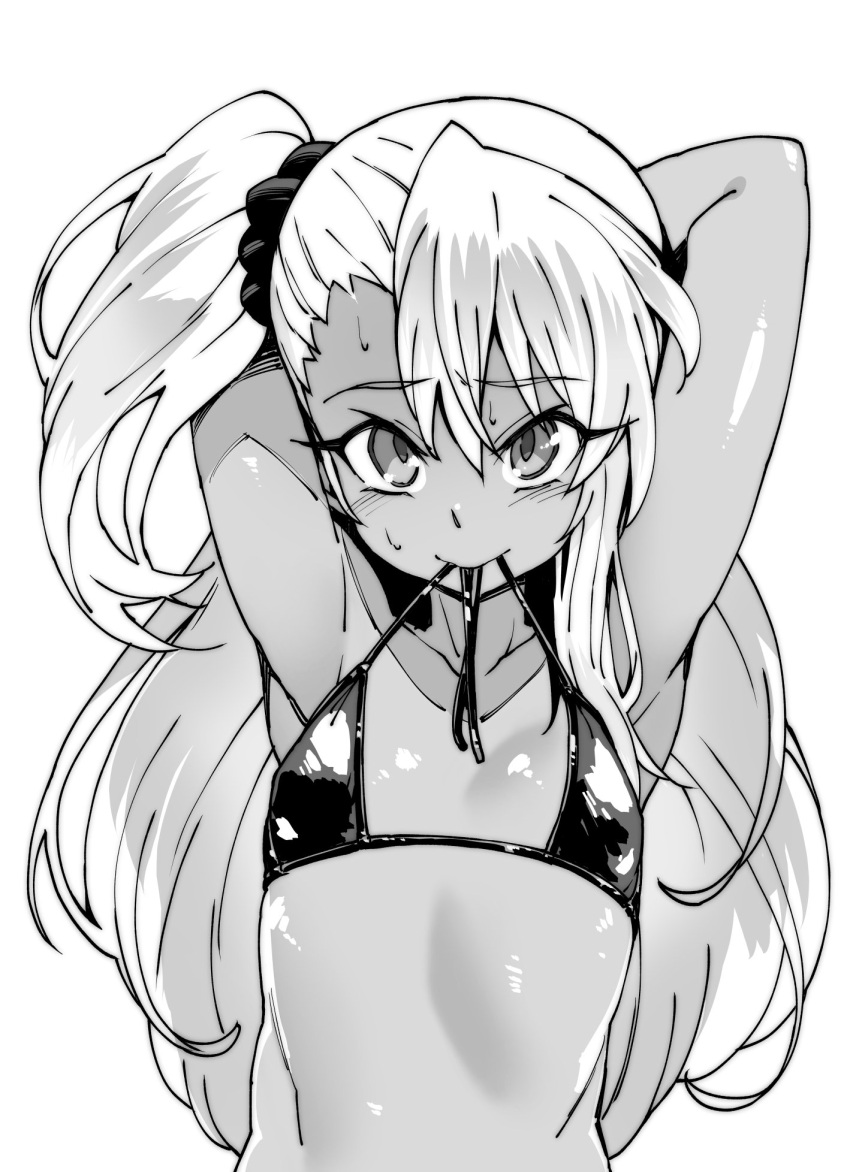 1girl armpits arms_behind_head arms_up bangs bare_shoulders blush breasts chloe_von_einzbern choker collarbone dark_skin eyelashes fate/kaleid_liner_prisma_illya fate_(series) greyscale hair_between_eyes hair_ornament hair_scrunchie highres long_hair looking_at_viewer micro_bikini_top monochrome mouth_hold one_side_up scrunchie simple_background small_breasts smile tan tasaka_shinnosuke white_background