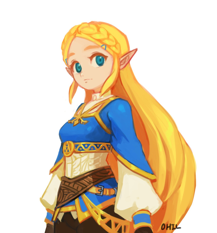 1girl artist_name blonde_hair blue_eyes braid breasts french_braid hair_ornament hairclip highres long_hair long_sleeves nintendo ohil_(ohil822) pointy_ears princess_zelda simple_background small_breasts solo straight_hair the_legend_of_zelda the_legend_of_zelda:_breath_of_the_wild thick_eyebrows triforce very_long_hair white_background