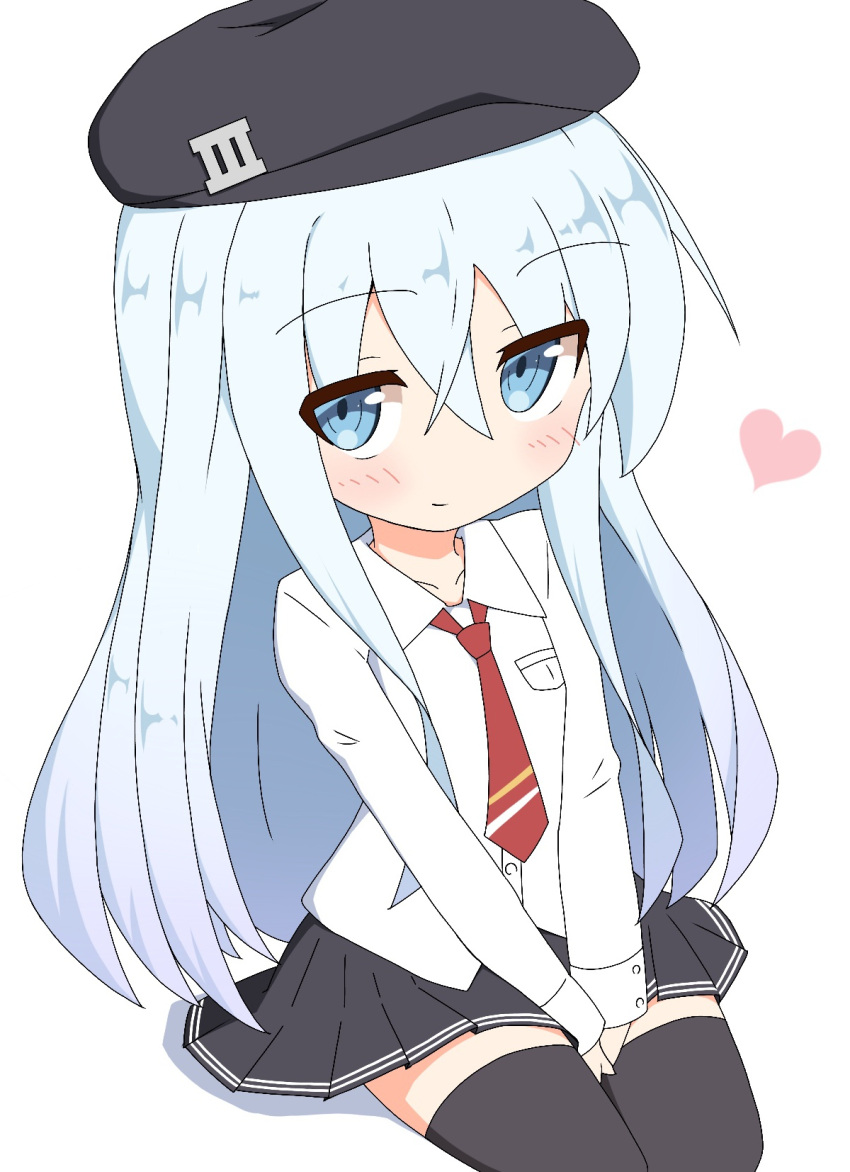 1girl bangs between_legs black_hat black_legwear black_skirt blue_eyes blue_hair blush cabbie_hat closed_mouth collarbone collared_shirt commentary_request dress_shirt eyebrows_visible_through_hair hair_between_eyes hand_between_legs hat heart hibiki_(kantai_collection) highres ichi kantai_collection long_hair long_sleeves necktie pleated_skirt red_neckwear shadow shirt sitting skirt sleeves_past_wrists smile solo thigh-highs very_long_hair white_background white_shirt