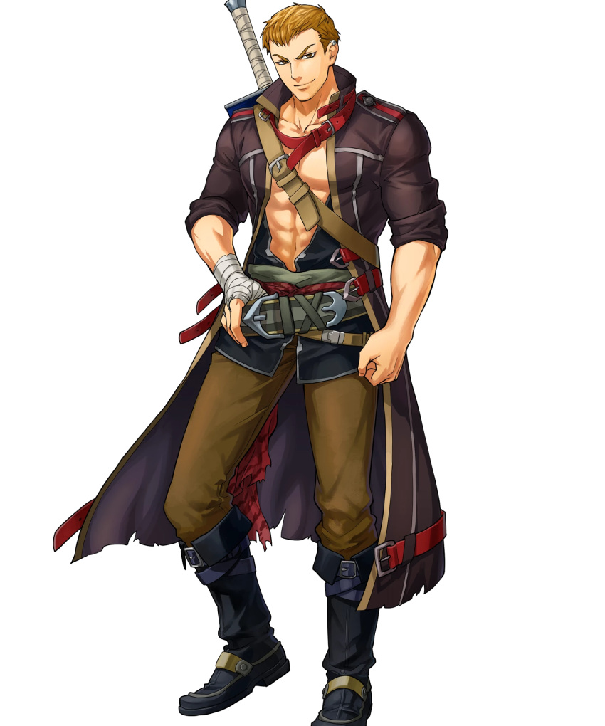 1boy abs axe bandage belt blonde_hair boots brown_eyes earrings fire_emblem fire_emblem:_rekka_no_ken fire_emblem_heroes full_body highres indesign jewelry linus_(fire_emblem) male_focus navel nintendo official_art open_clothes open_shirt solo torn_clothes transparent_background