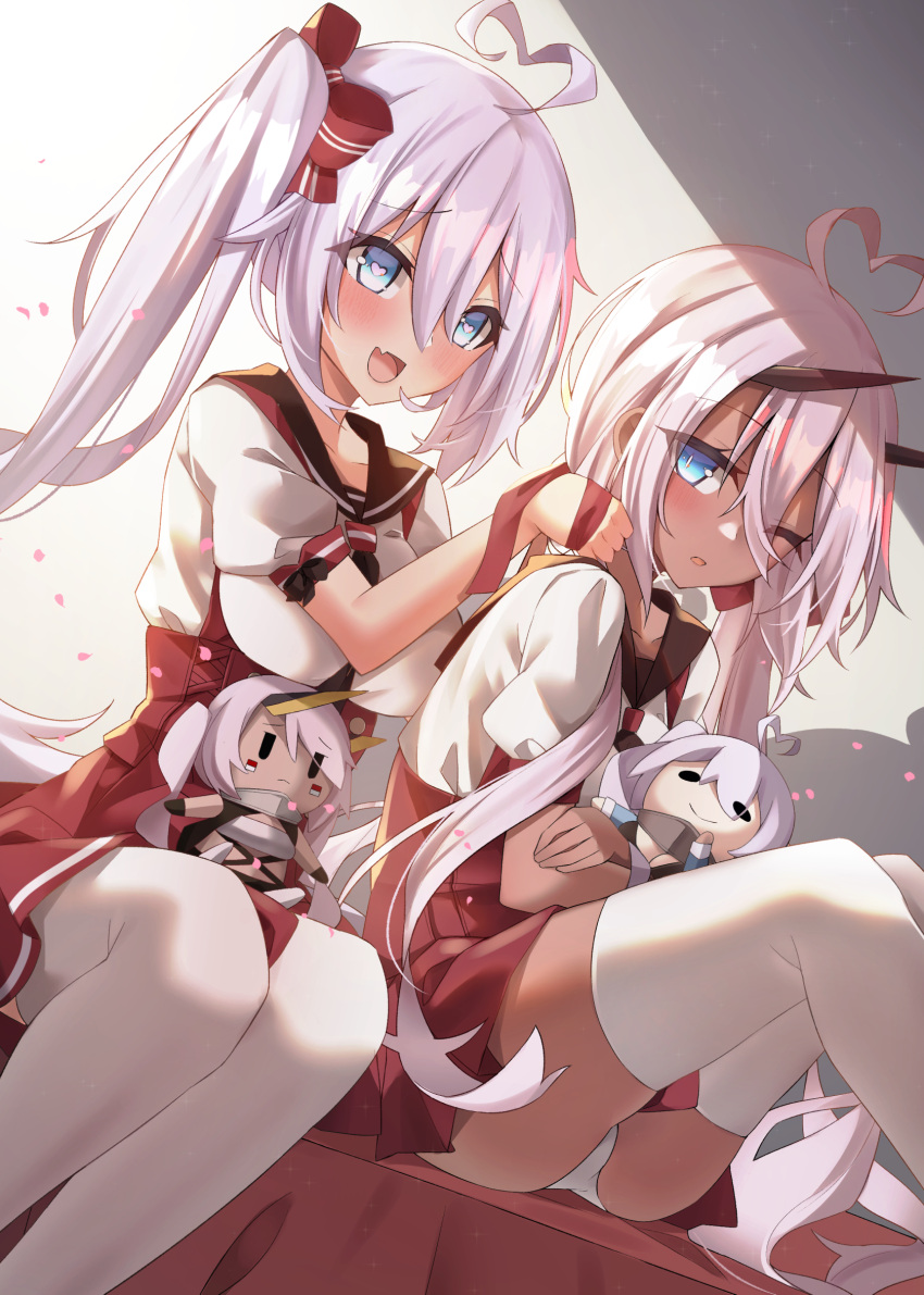 2girls ahoge alternate_costume ascot ashisi azur_lane bangs blue_eyes blush character_doll commentary_request dark_skin eyebrows_visible_through_hair fang hair_between_eyes heart heart-shaped_pupils heart_ahoge highres horns indianapolis_(azur_lane) long_hair long_ponytail multiple_girls neckwear_between_breasts one_eye_closed panties pantyshot pantyshot_(sitting) pink_hair pleated_skirt portland_(azur_lane) sailor_collar school_uniform siblings side_ponytail silver_hair sisters sitting skirt suspender_skirt suspenders symbol-shaped_pupils thigh-highs underwear very_long_hair white_panties