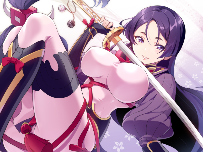 1girl breasts fate/grand_order fate_(series) hakka_(88hk88) highres holding holding_sword holding_weapon katana large_breasts long_hair minamoto_no_raikou_(fate/grand_order) multiple_girls purple_hair smile solo sword violet_eyes weapon