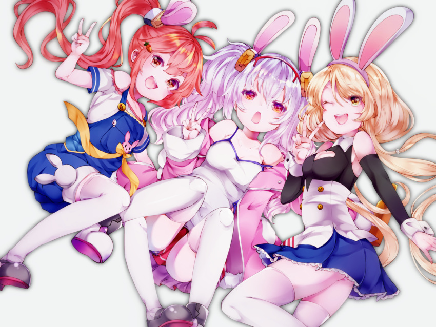 3girls animal_ears azur_lane bailey_(azur_lane) bare_shoulders benson_(azur_lane) blonde_hair breasts carrot_hair_ornament cleavage cleavage_cutout commentary_request eyebrows_visible_through_hair fake_animal_ears food_themed_hair_ornament hair_ornament hair_scrunchie headband highres laffey_(azur_lane) looking_at_viewer low_twintails lying multiple_girls on_back one_eye_closed open_mouth overall_shorts pleated_skirt rabbit_ears red_eyes redhead scrunchie side_ponytail silver_hair simple_background skirt small_breasts suspenders thigh-highs twintails v white_background white_legwear yaekn yellow_eyes