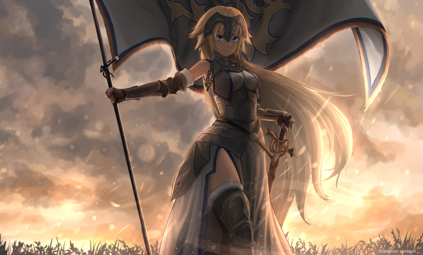 1girl armor artist_name black_legwear blonde_hair blue_eyes clouds fate/apocrypha fate_(series) fur-trimmed_legwear fur_trim headpiece highres jeanne_d'arc_(fate) jeanne_d'arc_(fate)_(all) lens_flare long_hair pasoputi solo standard_bearer sword thigh-highs thighs waist_cape weapon