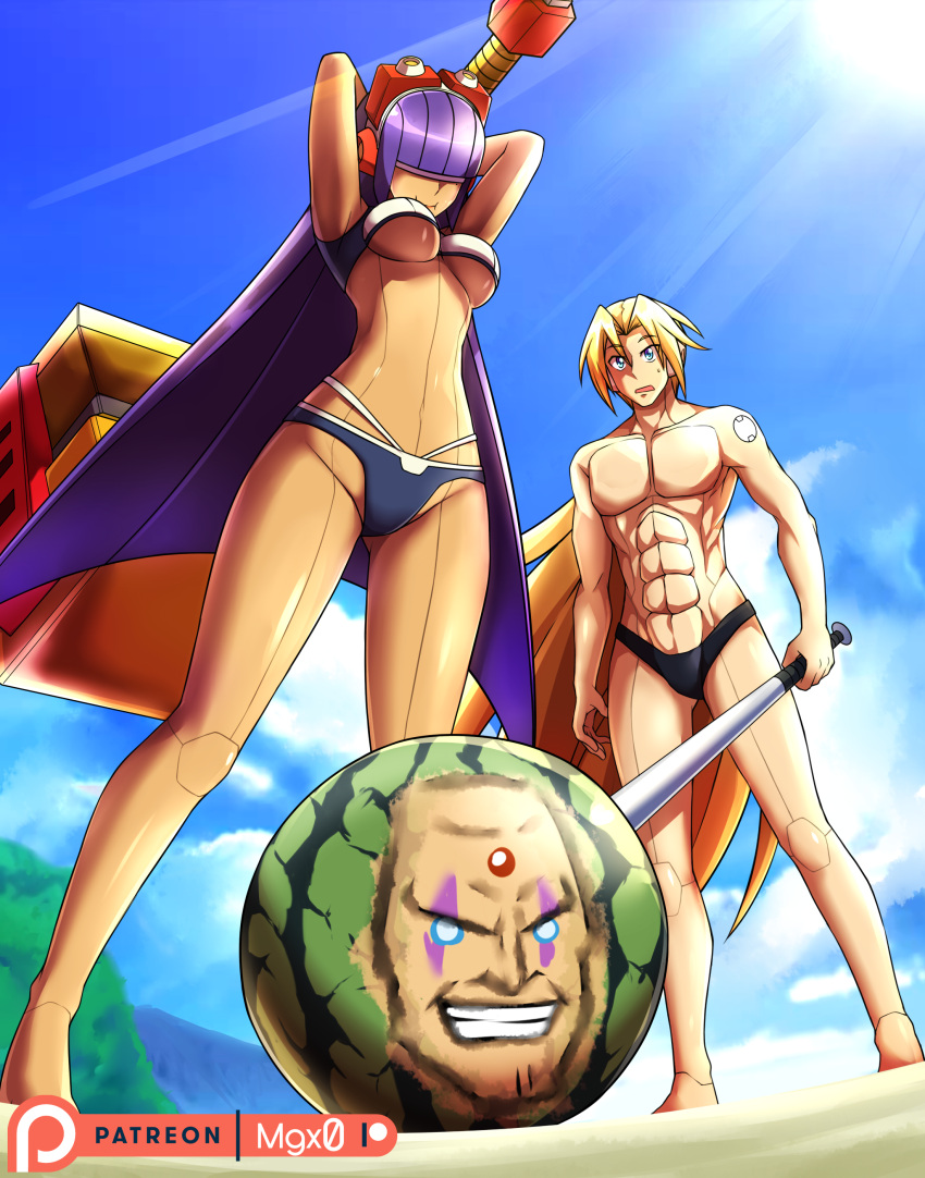 1boy 1girl abs absurdres adapted_costume android bangs baseball_bat bikini blonde_hair blue_eyes blunt_bangs breasts capcom clouds commentary dark_skin eyebrows_visible_through_hair food fruit hair_over_eyes hammer headgear highres holding holding_baseball_bat holding_hammer layer long_hair male_swimwear mgx0 mole open_mouth patreon_username purple_hair robot_ears rockman rockman_x sky smile summer sunlight swim_briefs swimsuit swimwear under_boob very_long_hair watermelon zero_(rockman)