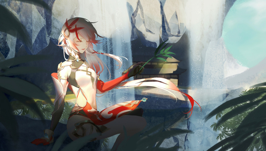 1girl arm_support bangs breasts china_dress chinese_clothes day dress feathers floating_hair fu_hua fu_hua_(phoenix) gold_trim gradient_hair hair_between_eyes hair_ornament highres holding holding_leaf honkai_(series) honkai_impact_3 leaf long_hair multicolored_hair outdoors pelvic_curtain plant redhead shade side_slit silver_hair sitting small_breasts smile solo streaked_hair thighlet tree turquoise_(gemstone) whiteshirt wind wind_lift
