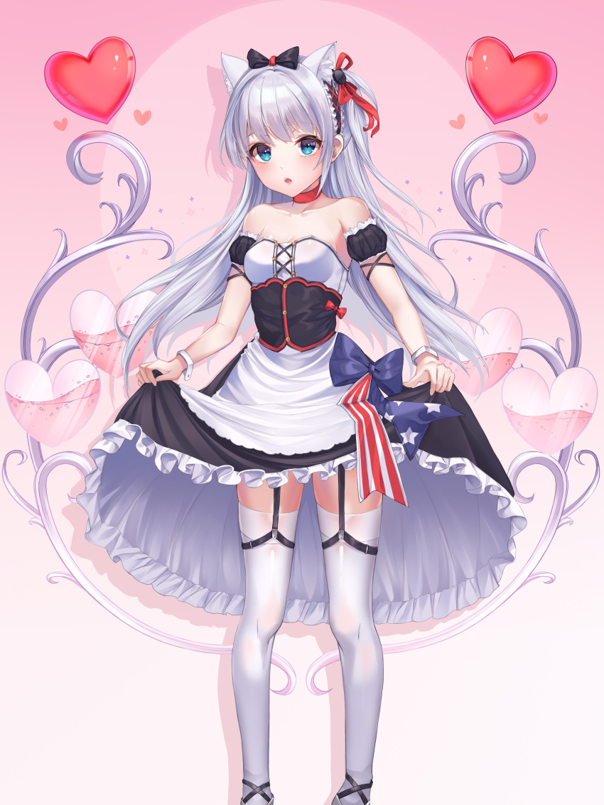 1girl absurdres american_flag american_flag_print animal_ears azur_lane blue_eyes bow breasts cat_ears cat_tail cleavage collarbone commentary_request flag_print foka_(beginner) garter_straps hair_bow hammann_(azur_lane) heart highres long_hair looking_at_viewer open_mouth remodel_(azur_lane) ribbon silver_hair skirt skirt_lift small_breasts solo standing tail thigh-highs white_legwear
