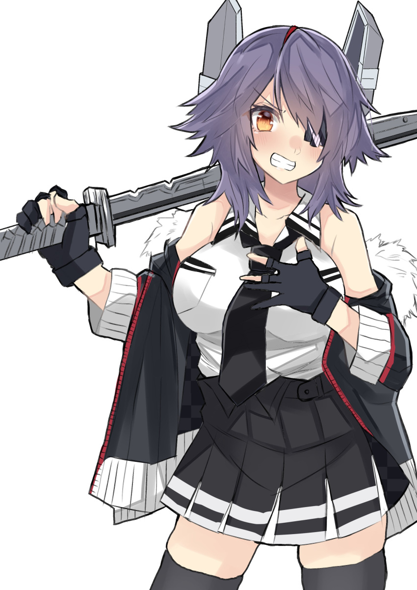 1girl absurdres black_gloves black_jacket black_legwear black_skirt breast_pocket checkered checkered_neckwear commentary_request dokuganryuu eyepatch gloves grin hand_on_own_chest headgear highres jacket kantai_collection medium_hair necktie off_shoulder partly_fingerless_gloves pleated_skirt pocket purple_hair remodel_(kantai_collection) skirt sleeveless smile solo sword tenryuu_(kantai_collection) thigh-highs weapon yellow_eyes