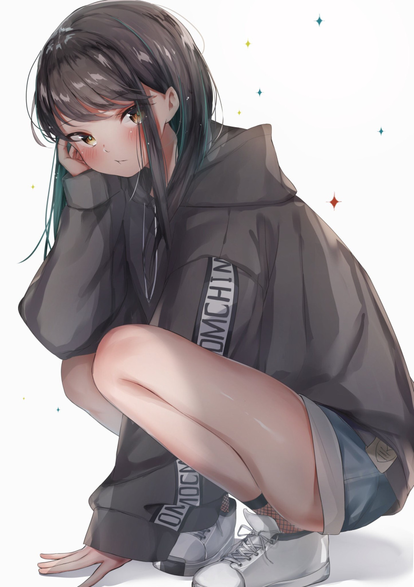 1girl :t bangs blue_shorts blush brown_eyes brown_hair brown_hoodie closed_mouth commentary_request drawstring eyebrows_visible_through_hair fishnet_legwear fishnets green_hair grey_background hand_up highres hood hood_down hoodie long_sleeves looking_at_viewer mochi_nabe multicolored_hair original puffy_long_sleeves puffy_sleeves shadow shoes short_shorts shorts sidelocks sleeves_past_wrists sneakers socks solo sparkle squatting two-tone_hair white_footwear
