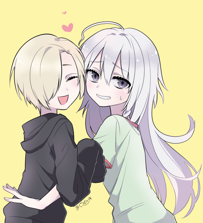 2girls ahoge ajito blonde_hair cheek-to-cheek closed_eyes commentary_request hair_over_one_eye highres hood hoodie hoshi_shouko idolmaster idolmaster_cinderella_girls idolmaster_cinderella_girls_starlight_stage long_hair multiple_girls shirasaka_koume shirt short_hair signature silver_hair simple_background sleeves_past_wrists sweatdrop t-shirt violet_eyes