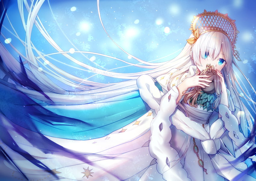 1girl anastasia_(fate/grand_order) blue_eyes cape covered_mouth doll dress fate/grand_order fate_(series) highres holding holding_doll ice_(ice) long_dress long_hair silver_hair tiara