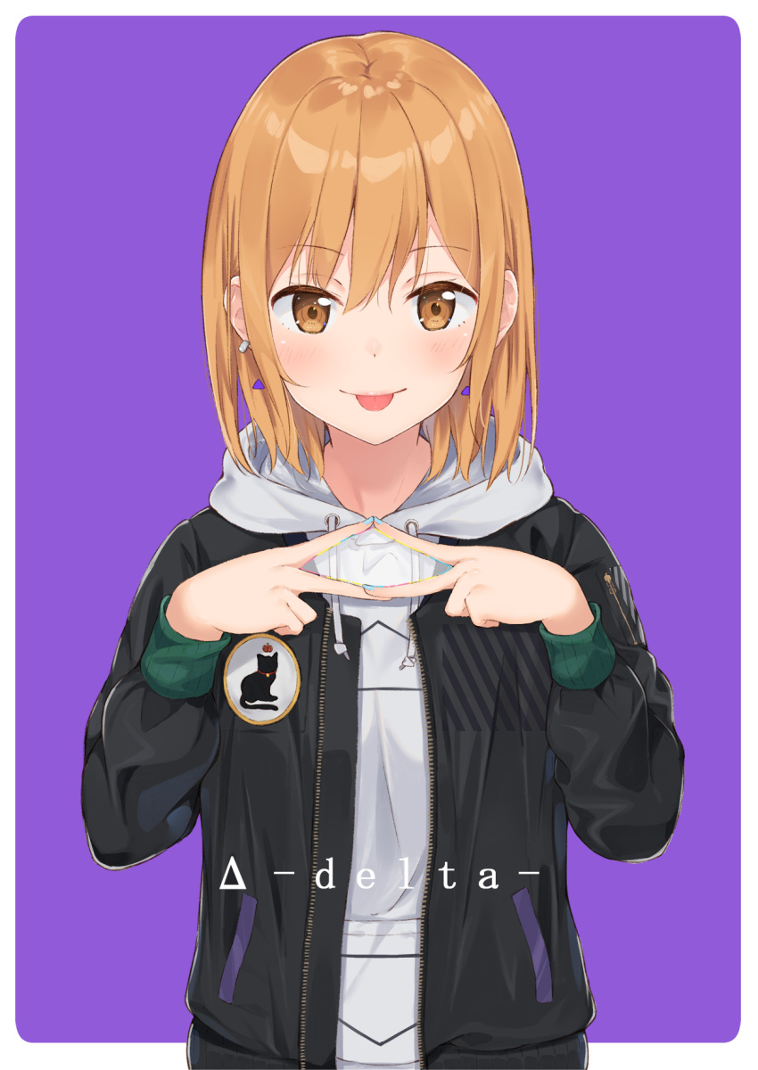 1girl :p bangs black_jacket blonde_hair blue_nails blush brown_eyes closed_mouth commentary_request drawstring earrings eyebrows_visible_through_hair highres hood hood_down hoodie jacket jewelry long_sleeves mirai_(mirai76_) nail_polish open_clothes open_jacket original purple_background short_hair simple_background smile solo tareme tongue tongue_out unzipped upper_body zipper