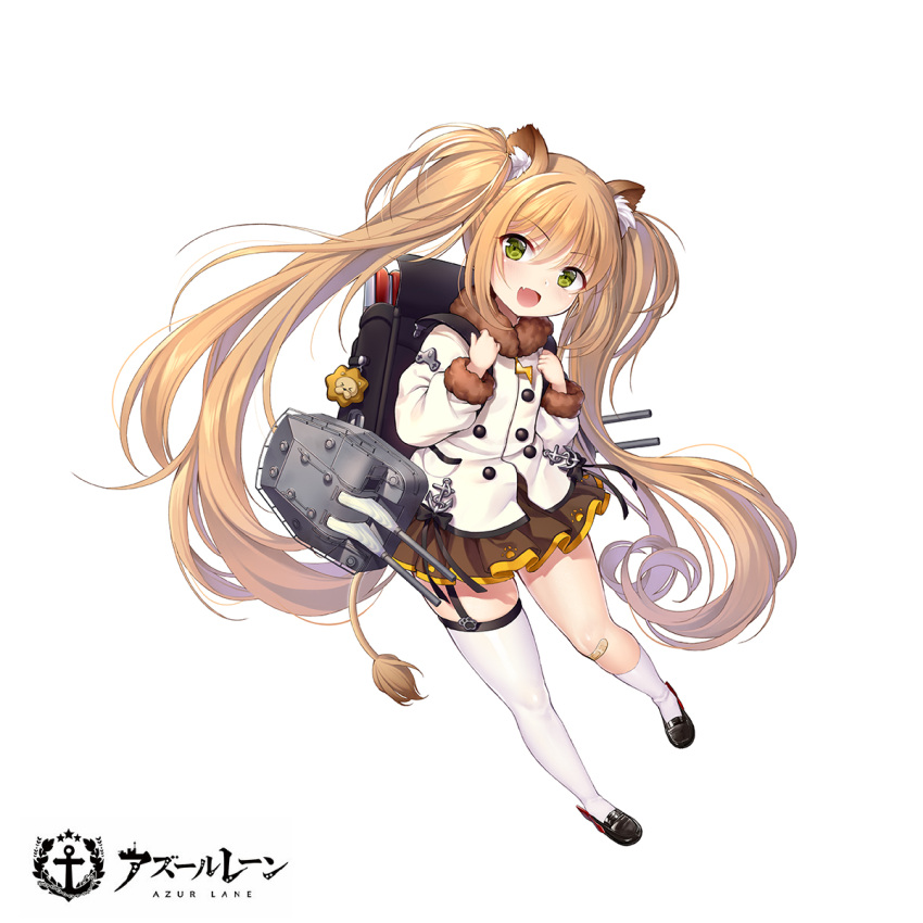 1girl :d ^_^ animal_ear_fluff animal_ears asymmetrical_legwear azur_lane back backpack bag bag_charm bandaid bandaid_on_knee bangs black_footwear blue_jacket blush brown_skirt charm_(object) closed_eyes closed_eyes commentary_request copyright_name eyebrows_visible_through_hair fang full_body fur-trimmed_sleeves fur_collar fur_trim green_eyes hair_between_eyes hands_up head_tilt highres jacket kneehighs light_brown_hair lion_ears lion_girl lion_tail loafers long_hair long_sleeves makinami_(azur_lane) official_art open_mouth philomelalilium pleated_skirt randoseru shoes sidelocks simple_background single_kneehigh single_thighhigh skirt smile solo tail thigh-highs twintails very_long_hair watermark white_background white_legwear