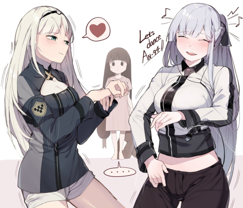 ... 3girls ak-12_(girls_frontline) an-94_(girls_frontline) armband bangs black_pants blush braid brown_hair closed_eyes commentary_request eyebrows_visible_through_hair french_braid garin girls_frontline green_eyes heart highres long_hair long_sleeves looking_at_another midriff multiple_girls musical_note open_mouth pants shorts sidelocks silver_hair spoken_ellipsis spoken_heart very_long_hair white_shorts