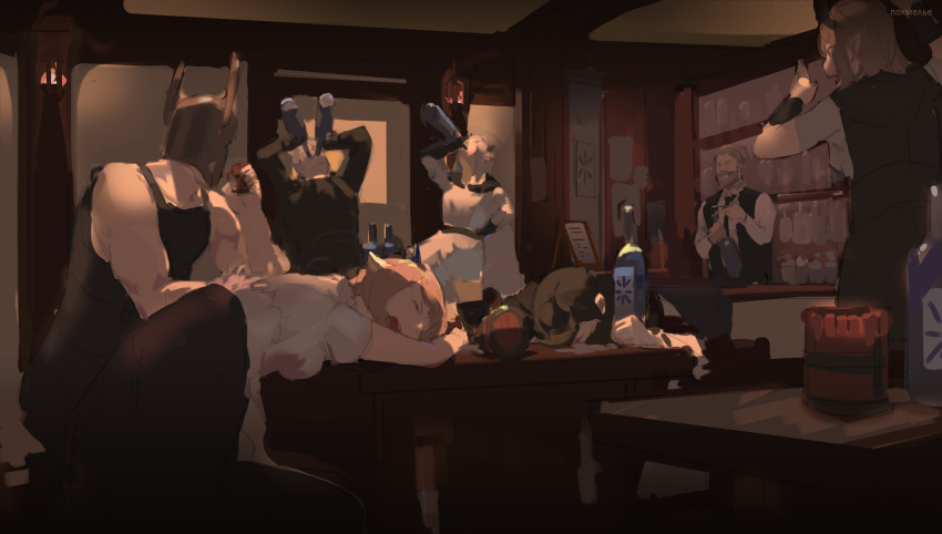 2girls 5boys alcohol bartender beard black_neckwear black_shirt bottle brown_hair character_request clenched_hand drinking drunk facial_hair goggles goggles_removed helmet hervarar highres horns indoors leon_the_southern_conquest_general long_sleeves multiple_boys multiple_girls necktie oscar_the_frozen_sea_admiral pixiv_fantasia_last_saga pointy_ears shirt short_sleeves sitting sketch standing table terusu93 unconscious vest zera_the_hornless_empress