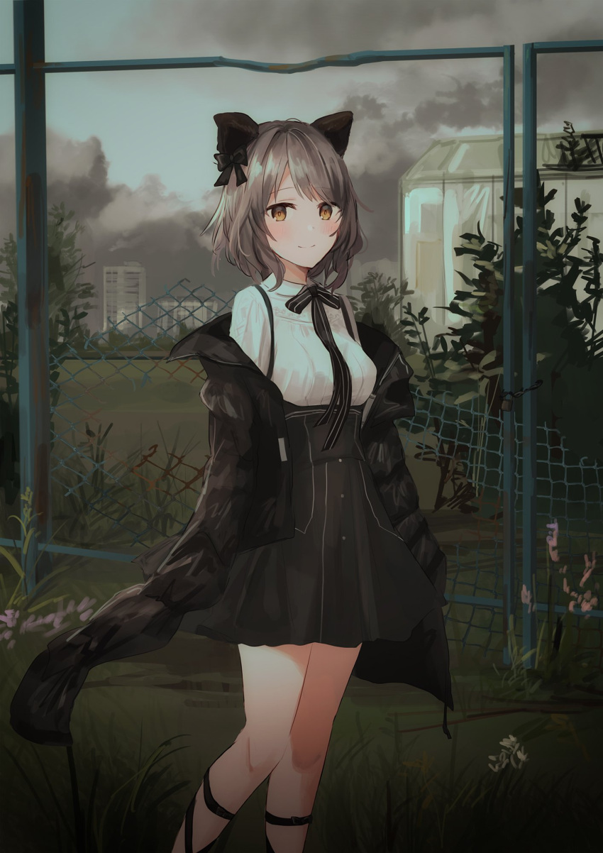 black_ribbon black_skirt brown_eyes building bush chain-link_fence character_request chihuri clouds cloudy_sky coat collared_shirt commentary_request feet_out_of_frame fence flower grass hair_ribbon highres leg_strap light_brown_hair necktie off_shoulder open_clothes open_coat original outdoors ribbon shirt short_hair skirt sky smile urban white_shirt