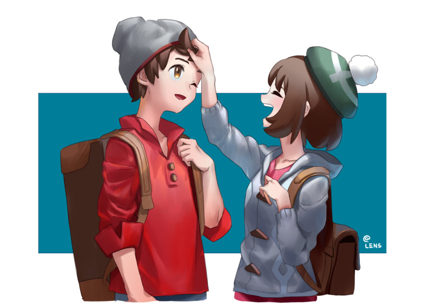 1boy 1girl backpack bag beanie brown_eyes brown_hair collarbone creatures_(company) erolcy female_protagonist_(pokemon_swsh) game_freak green_hat hand_on_another's_head happy hat hood hoodie male_protagonist_(pokemon_swsh) nintendo open_mouth pokemon pokemon_(game) pokemon_swsh profile short_hair smile tam_o'_shanter twitter_username upper_body