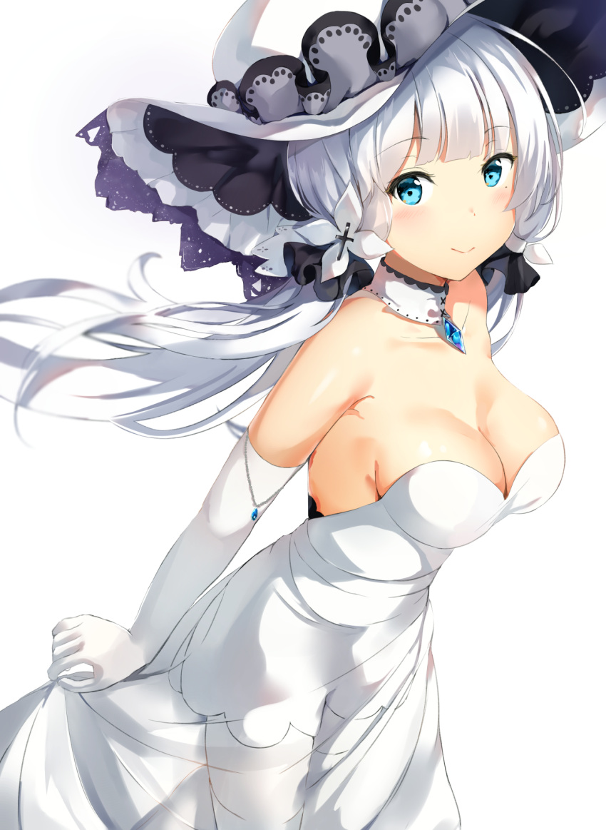 1girl arched_back armpit_peek arms_behind_back azur_lane bare_shoulders blue_eyes breasts cleavage collarbone commentary_request cowboy_shot cross_hair_ornament detached_collar dress elbow_gloves flower gloves hair_flower hair_ornament hat highres illustrious_(azur_lane) jewelry lace lace-trimmed_dress lace-trimmed_hat layered_dress light_blush looking_at_viewer mole mole_under_eye pendant ponyaru ponytail sapphire_(gemstone) see-through sideboob simple_background skirt_hold smile solo standing strapless strapless_dress sun_hat white_background white_dress white_gloves white_hair white_hat