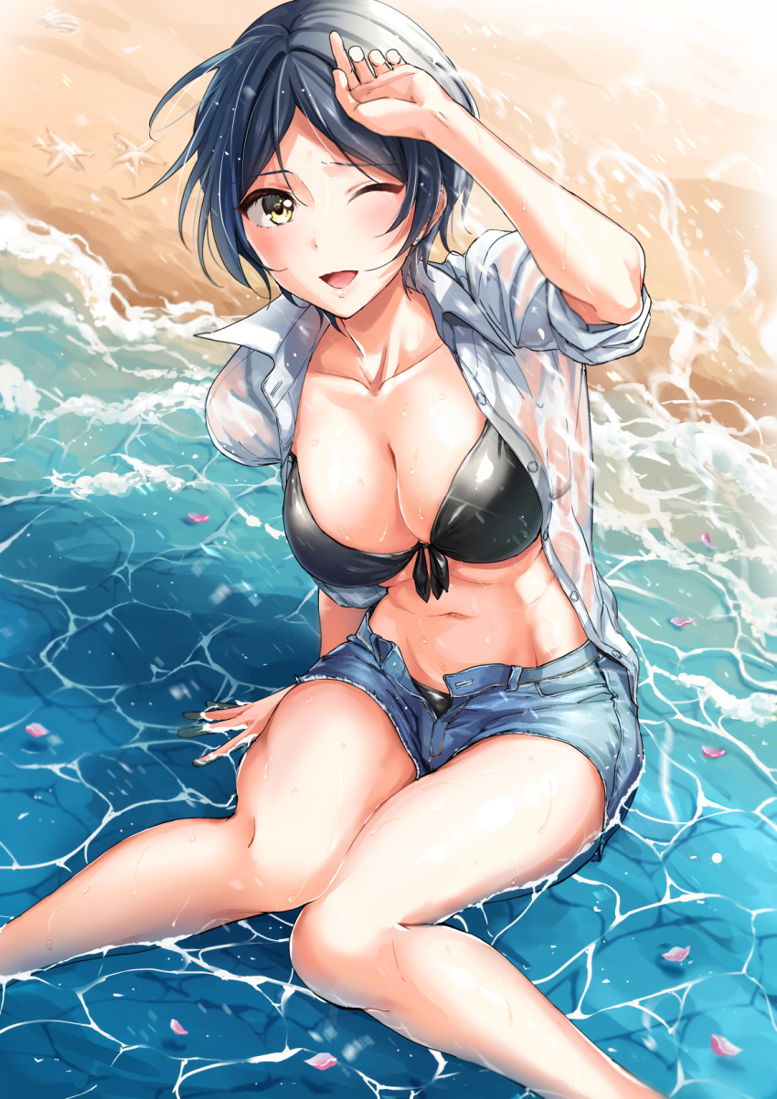 1girl ;d arm_support arm_up beach bikini black_bikini black_hair blue_shorts breasts cherry_blossoms cleavage collarbone collared_shirt denim denim_shorts dress_shirt front-tie_bikini front-tie_top hayami_kanade highres idolmaster idolmaster_cinderella_girls idolmaster_cinderella_girls_starlight_stage looking_at_viewer medium_breasts navel oimo one_eye_closed open_clothes open_mouth open_shirt open_shorts outdoors shirt short_hair short_shorts shorts sitting smile solo swimsuit unbuttoned unbuttoned_shirt wet wet_clothes wet_shirt white_shirt wing_collar yellow_eyes