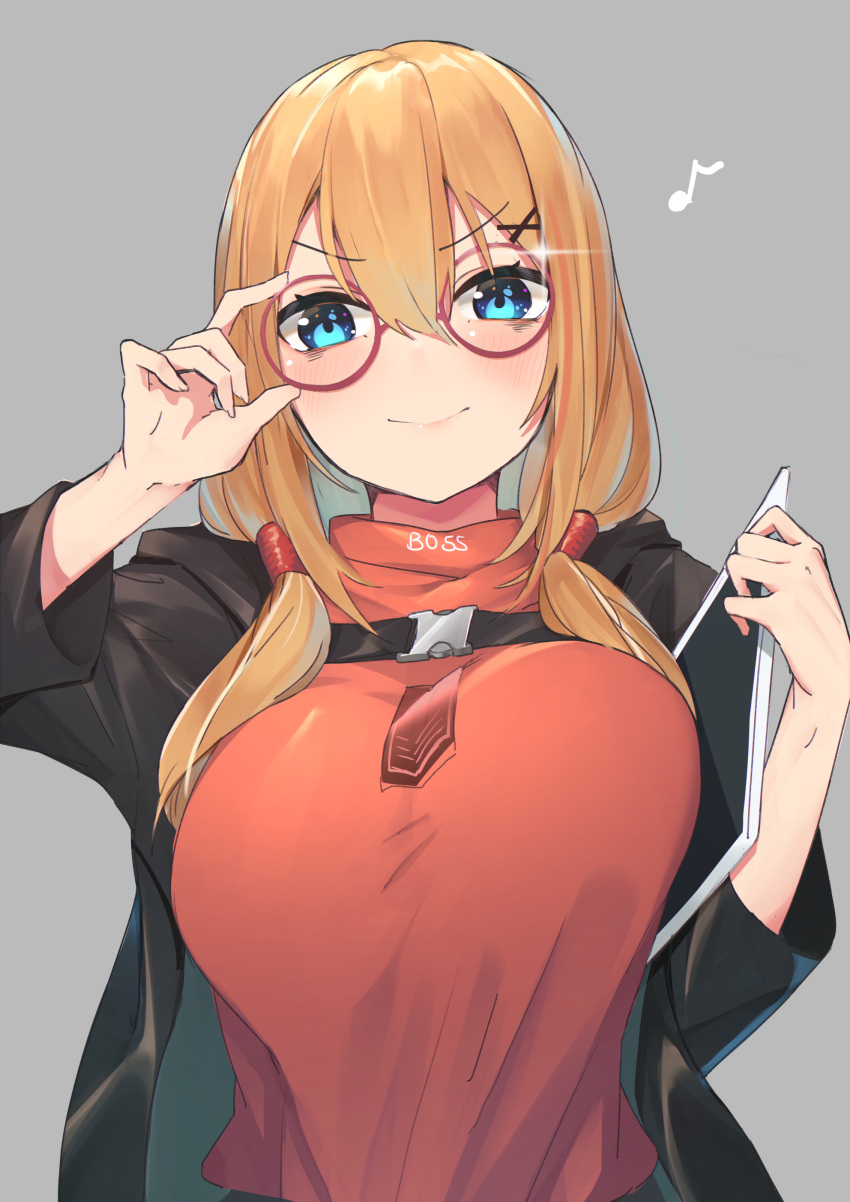 &gt;:) 1girl absurdres adjusting_eyewear arm_up bangs black_jacket blonde_hair blue_eyes blush breasts closed_mouth clothes_writing commentary_request eighth_note girls_frontline glasses grey_background hair_between_eyes hair_ornament hairclip highres holding jacket kalina_(girls_frontline) large_breasts long_sleeves looking_at_viewer low_twintails multicolored_hair musical_note open_clothes open_jacket purple-framed_eyewear red_shirt redhead round_eyewear shirt simple_background smile smug solo streaked_hair tablet_pc tittu twintails unaligned_breasts upper_body v-shaped_eyebrows x_hair_ornament