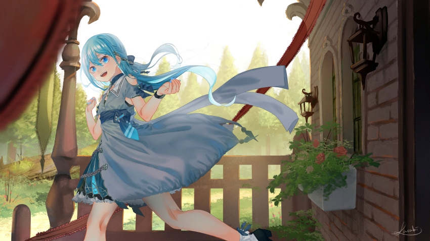 1girl arms_up backlighting blue_eyes blue_hair blue_nails bow dress fantasy flat_chest flower hair_bow hair_ornament happy high_heels highres lantern lee_(saraki) long_hair looking_at_viewer looking_to_the_side nail_polish original outdoors plant potted_plant running saraki sash shade signature sky smile solo sunlight tree watch watch