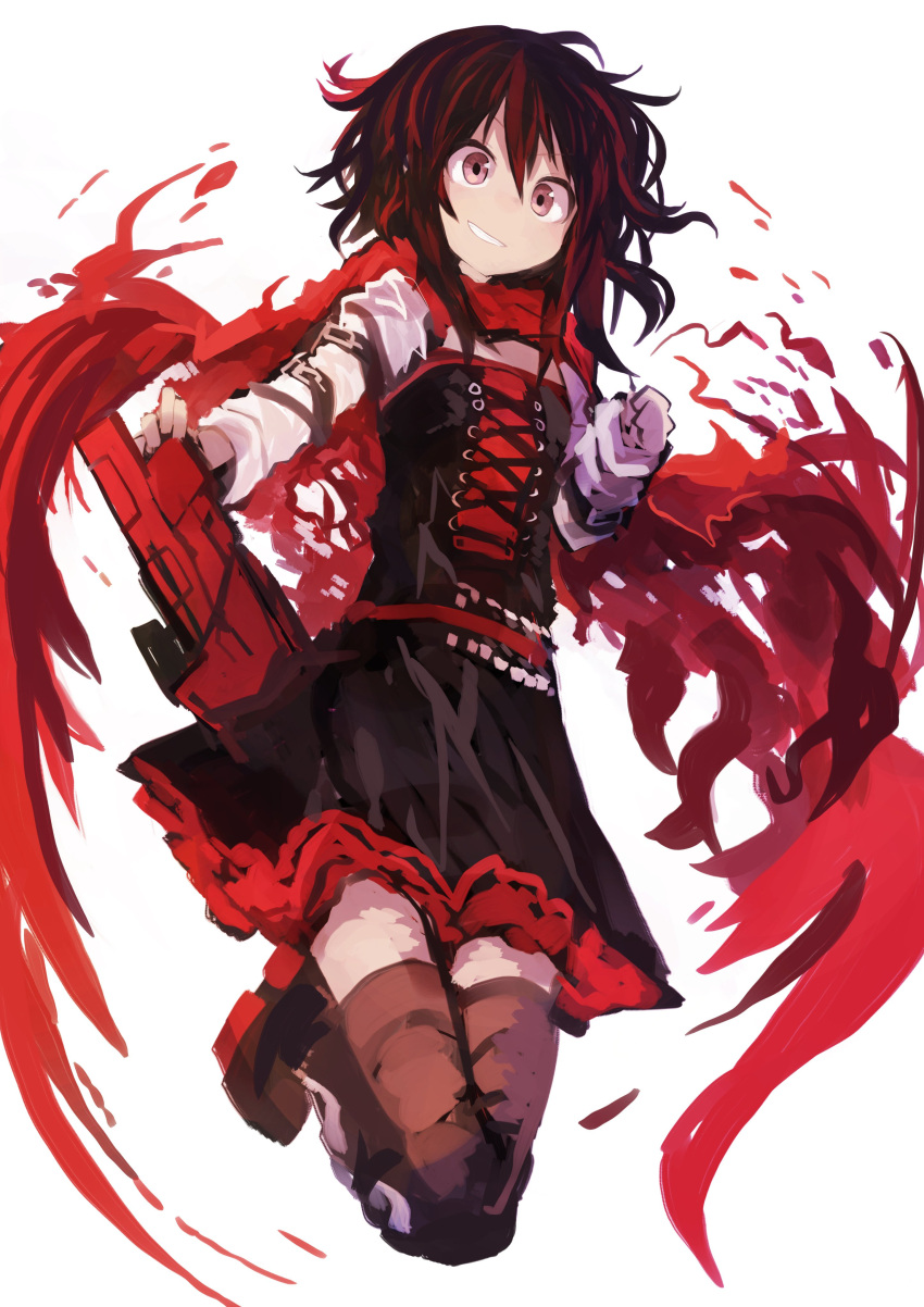 1girl absurdres belt black_belt black_skirt bob_cut cloak commentary_request cross-laced_clothes full_body grin hair_between_eyes highres holding kaamin_(mariarose753) legs_together looking_at_viewer loose_belt medium_hair red red_cloak ruby_rose rwby sideways_mouth simple_background skirt smile solo thigh-highs white_background