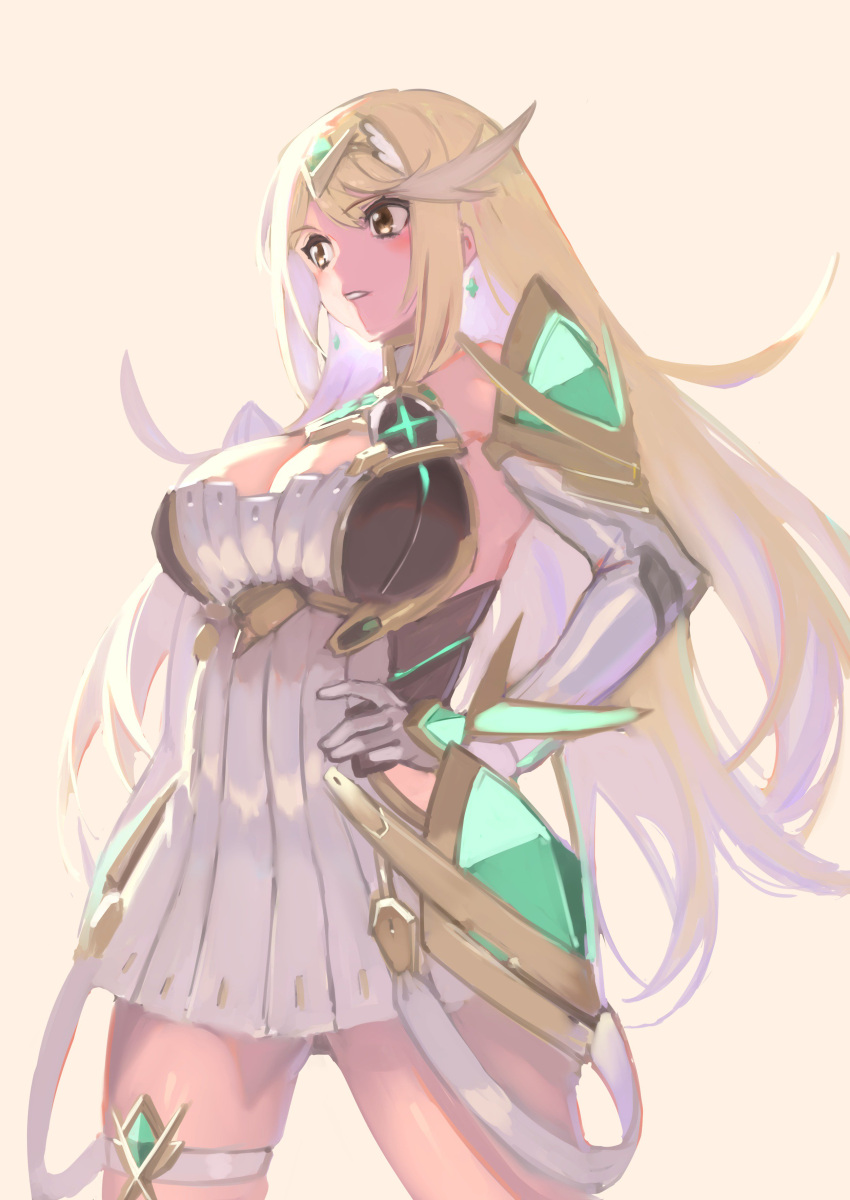 1girl 4410_(kanimiso) absurdres bangs bare_shoulders blonde_hair breasts covered_navel dress earrings fingerless_gloves gem gloves hair_ornament headpiece highres mythra_(xenoblade) jewelry large_breasts long_hair nintendo simple_background solo swept_bangs tiara very_long_hair white_dress xenoblade_(series) xenoblade_2 yellow_eyes