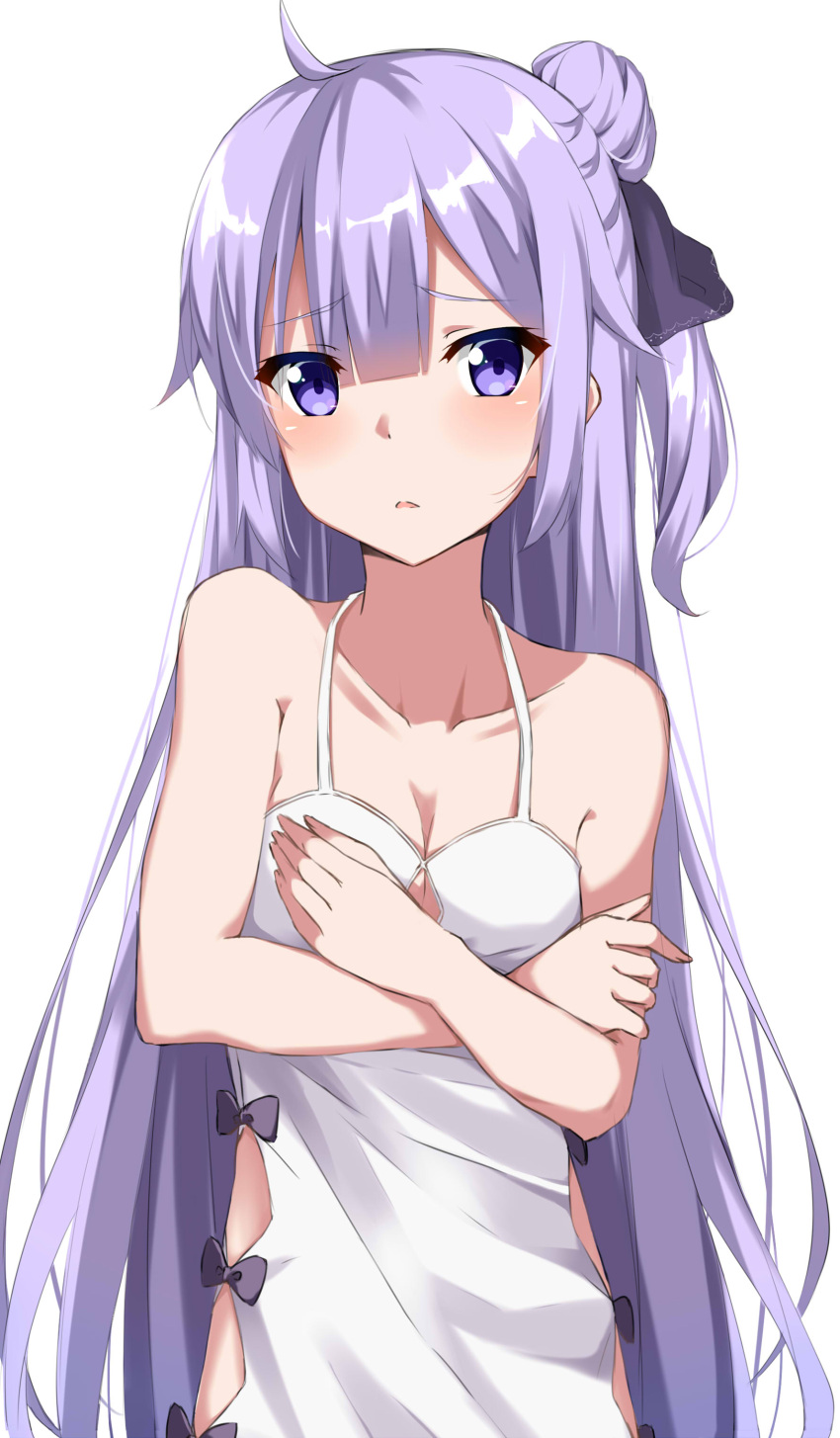 1girl absurdres ahoge azur_lane bangs bare_arms bare_shoulders black_bow black_ribbon blush bow breasts cleavage collarbone commentary_request dress eyebrows_visible_through_hair hair_between_eyes hair_bun hair_ribbon halterneck highres kohakope long_hair one_side_up parted_lips purple_hair ribbon simple_background small_breasts solo unicorn_(azur_lane) upper_body very_long_hair violet_eyes white_background white_dress