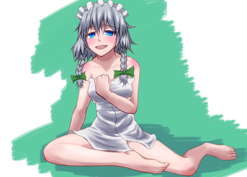 1girl bare_legs bare_shoulders barefoot blue_eyes blush bow braid breasts eyebrows_visible_through_hair feet full_body green_bow hair_bow highres izayoi_sakuya legs looking_at_viewer maid_headdress medium_hair multiple_hair_bows nakamura_append naked_towel nude open_mouth silver_hair simple_background sitting smile solo toes touhou towel twin_braids