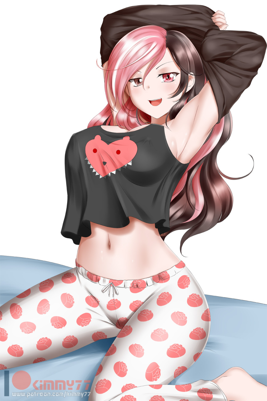 1girl alfred_cullado armpits arms_up artist_name blush breasts brown_eyes brown_hair erect_nipples floral_print heterochromia highres large_breasts long_hair midriff multicolored_hair navel neo_(rwby) patreon_logo patreon_username pink_eyes pink_hair rose_print rwby sideboob sitting solo watermark web_address yokozuwari