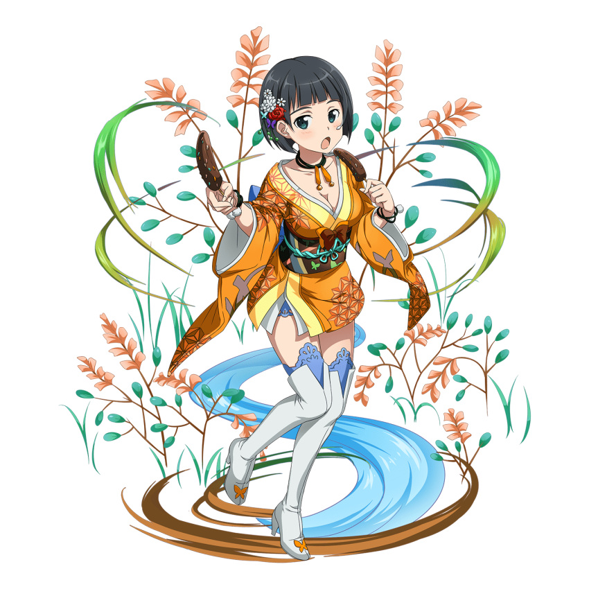 1girl :o animal_print augma black_hair black_ribbon blue_eyes blush boots bracelet butterfly_hair_ornament butterfly_print choker collarbone floral_print flower food full_body hair_flower hair_ornament highres holding holding_food japanese_clothes jewelry kimono kirigaya_suguha looking_at_viewer official_art orange_kimono pink_footwear print_kimono red_flower red_rose ribbon ribbon_choker rose shiny shiny_hair short_hair short_kimono solo standing standing_on_one_leg sword_art_online thigh-highs thigh_boots transparent_background white_flower white_footwear zettai_ryouiki