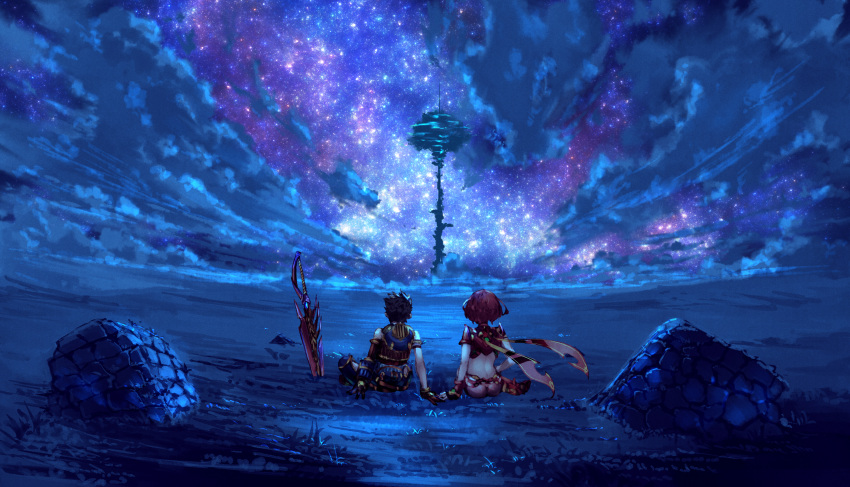 1boy 1girl absurdres ass black_hair brown_gloves character_request clouds crop_top from_behind gloves hand_on_hand highres huge_filesize midriff night nintendo outdoors poteto_(potetosarada123) redhead scenery short_hair sky star_(sky) starry_sky sword weapon xenoblade_(series) xenoblade_2