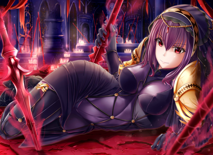 1girl absurdres ayakase_hotaru bodysuit breasts candle covered_navel fate/grand_order fate_(series) gae_bolg hair_between_eyes highres holding holding_spear holding_weapon indoors long_hair lying medium_breasts on_side pauldrons pillar polearm purple_bodysuit purple_hair red_eyes scathach_(fate)_(all) scathach_(fate/grand_order) shoulder_armor skin_tight solo spear veil weapon
