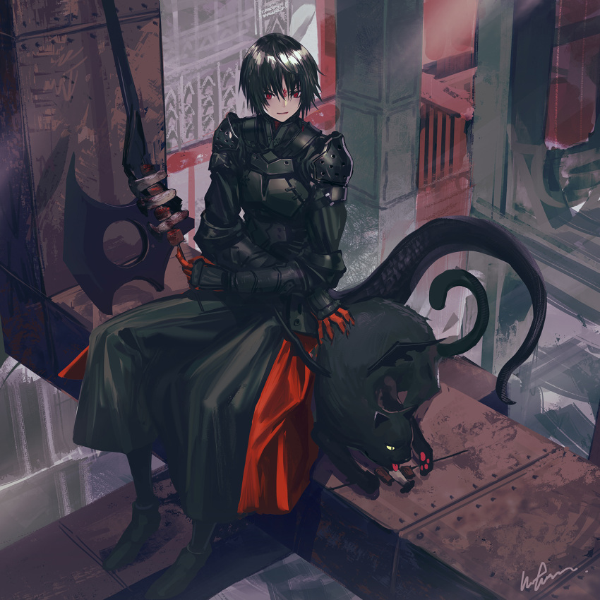 1boy armor axe black_hair cat city_guard_(infukun) demon_wings facial_mark food food_request highres infukun licking looking_at_viewer monster_boy petting pixiv_fantasia pixiv_fantasia_last_saga redhead signature sitting slit smile tail weapon wings