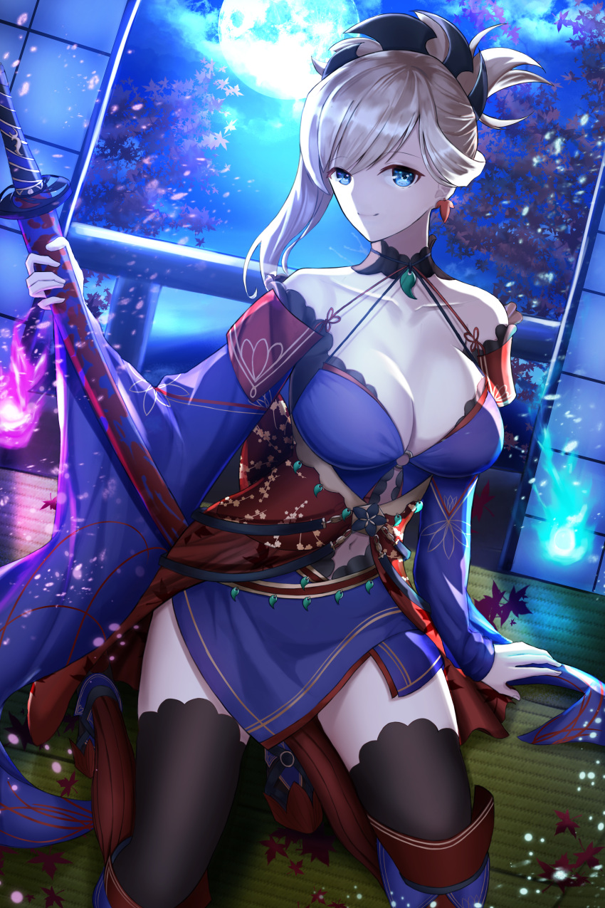 1girl absurdres asymmetrical_hair autumn_leaves black_legwear blue_eyes blue_kimono breasts cleavage collarbone detached_sleeves earrings fate/grand_order fate_(series) full_moon hair_ornament highres holding holding_sword holding_weapon indoors japanese_clothes jewelry katana kimono large_breasts leaf leaf_print looking_at_viewer magatama maple_leaf_print miyamoto_musashi_(fate/grand_order) moon navel_cutout obi pink_hair ponytail sash sheath sheathed short_kimono sleeveless sleeveless_kimono solo sword thigh-highs tree twit_eg0 unsheathed weapon wide_sleeves