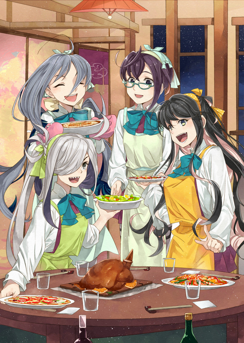 4girls ^_^ absurdres ahoge apron asashimo_(kantai_collection) black_hair bottle bow bowtie chicken_(food) chopsticks closed_eyes closed_eyes cup food glasses green-framed_eyewear green_apron green_eyes grey_eyes grey_hair hair_between_eyes hair_over_one_eye hair_ribbon halterneck highres holding holding_food indoors kanmiya_shinobu kantai_collection kiyoshimo_(kantai_collection) long_hair low_twintails mittens multicolored_hair multiple_girls naganami_(kantai_collection) night okinami_(kantai_collection) orange_apron pink_hair pink_mittens pizza plate ponytail purple_hair ribbon school_uniform sharp_teeth shirt short_hair silver_hair table teeth twintails very_long_hair white_shirt wine_bottle