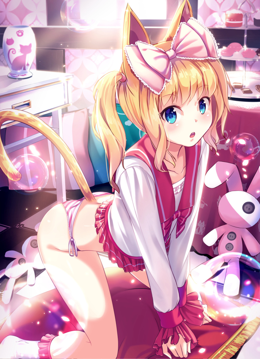 1girl :o all_fours animal_ears animal_print ass backlighting bangs blonde_hair blouse blue_eyes blush bow bubble cat_ears cat_print cat_tail commentary day eyebrows_visible_through_hair hair_bow highres indoors long_hair long_sleeves looking_at_viewer no_pants open_mouth original panties pastry pink_bow revision school_uniform serafuku side-tie_panties sidelocks solo striped striped_panties stuffed_animal stuffed_bunny stuffed_toy sunlight tail tail_raised teeth thighs tiered_tray twintails underwear wavy_hair white_blouse yan_(nicknikg)