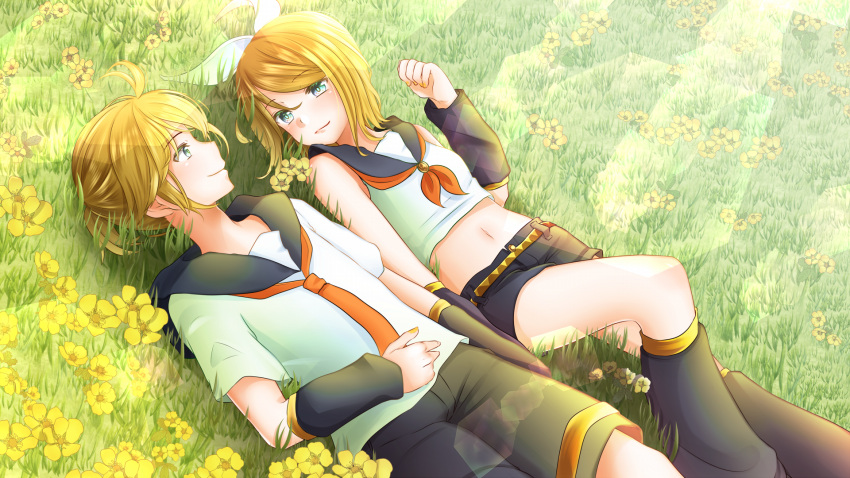 1boy 1girl belt black_legwear black_sailor_collar black_shorts black_sleeves blonde_hair blue_eyes bow brother_and_sister day detached_sleeves eye_contact eyebrows_visible_through_hair flower hair_between_eyes hair_bow hand_on_own_stomach highres kagamine_len kagamine_rin leg_warmers looking_at_another lying midriff navel neckerchief necktie on_back orange_neckwear outdoors ponta_(poqpon) sailor_collar shirt short_hair short_shorts short_sleeves shorts siblings sleeveless sleeveless_shirt smile stomach sunlight vocaloid white_bow white_shirt yellow_flower